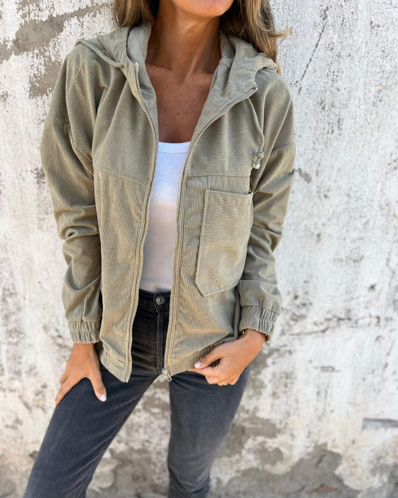 Women's Corduroy Jacket with Hood, Zip Up Casual Fall Outerwear Plus Size