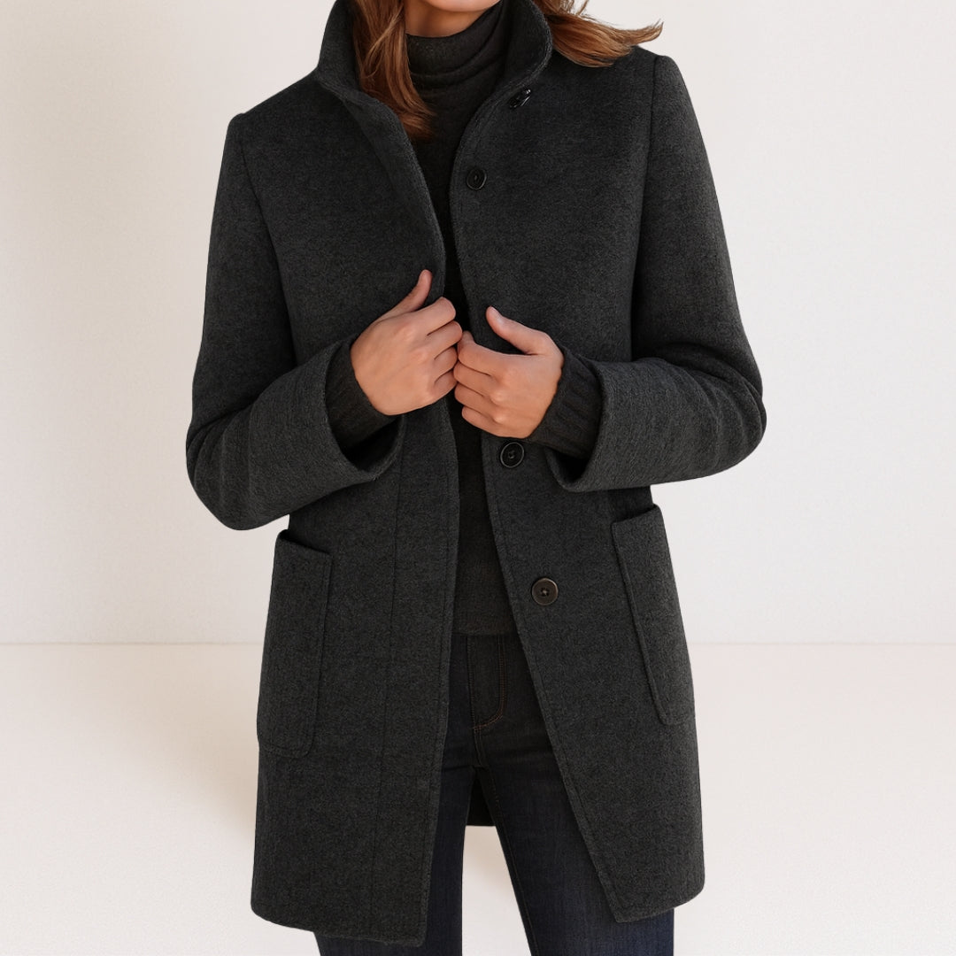 Women's Wool Blend Coat, Stand Collar Winter Overcoat with Pockets