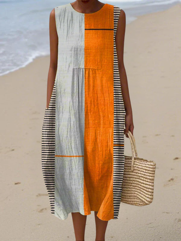 Women's Striped Color Block Relaxed Midi Dress in Multicolor