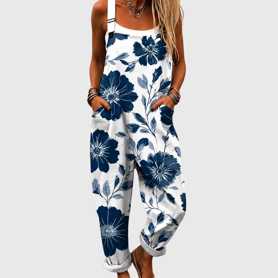 Women's Indigo Flower Print Overalls with Side Pockets