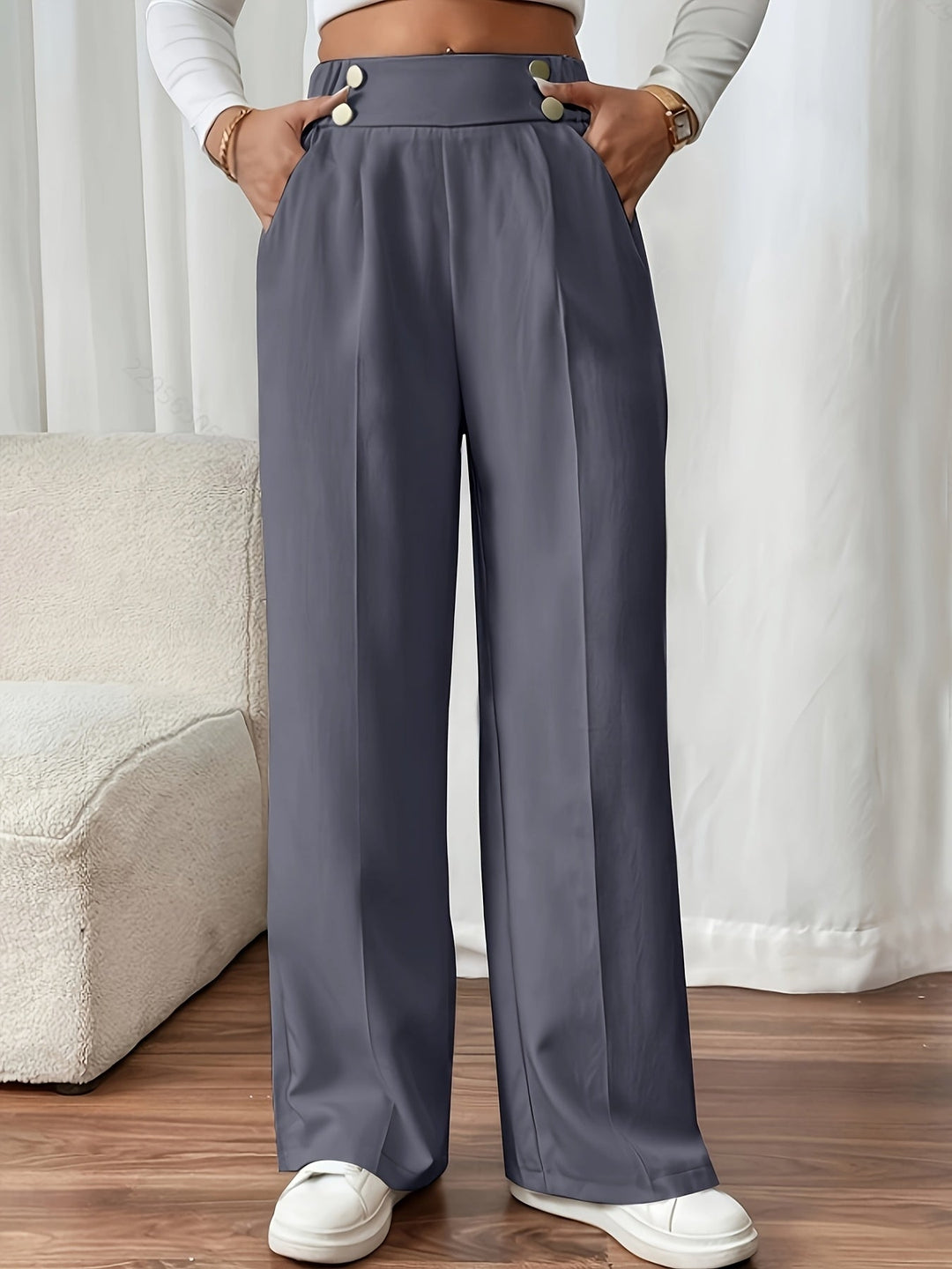 Women's Wide Leg Pants, Elastic High Waist Tailored Trousers