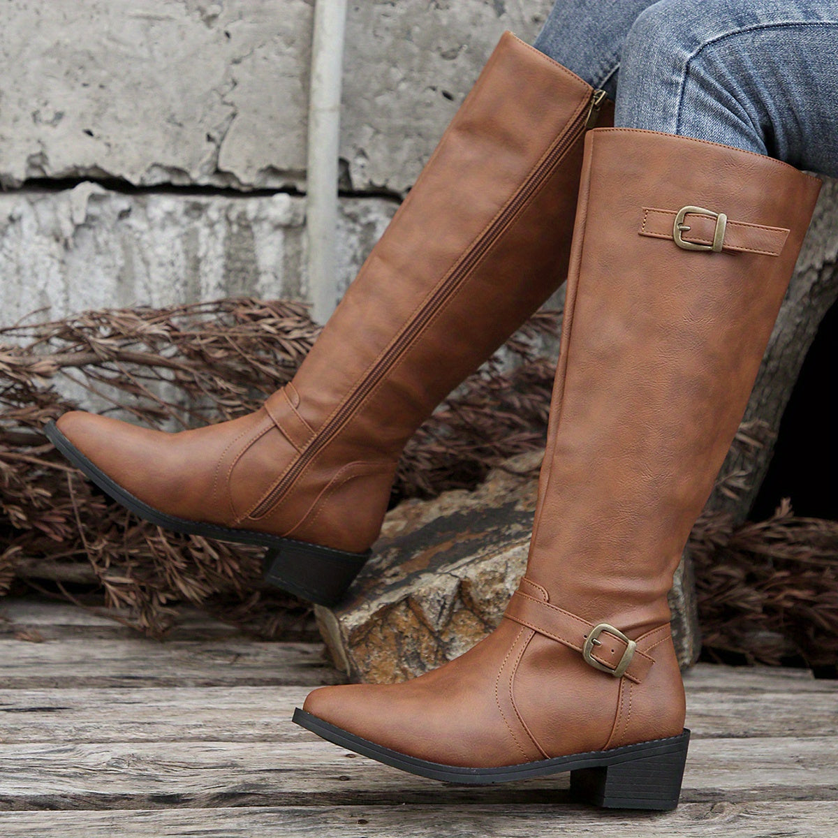 Women's Flat Knee-High Riding Boots with Side Zip, view 3