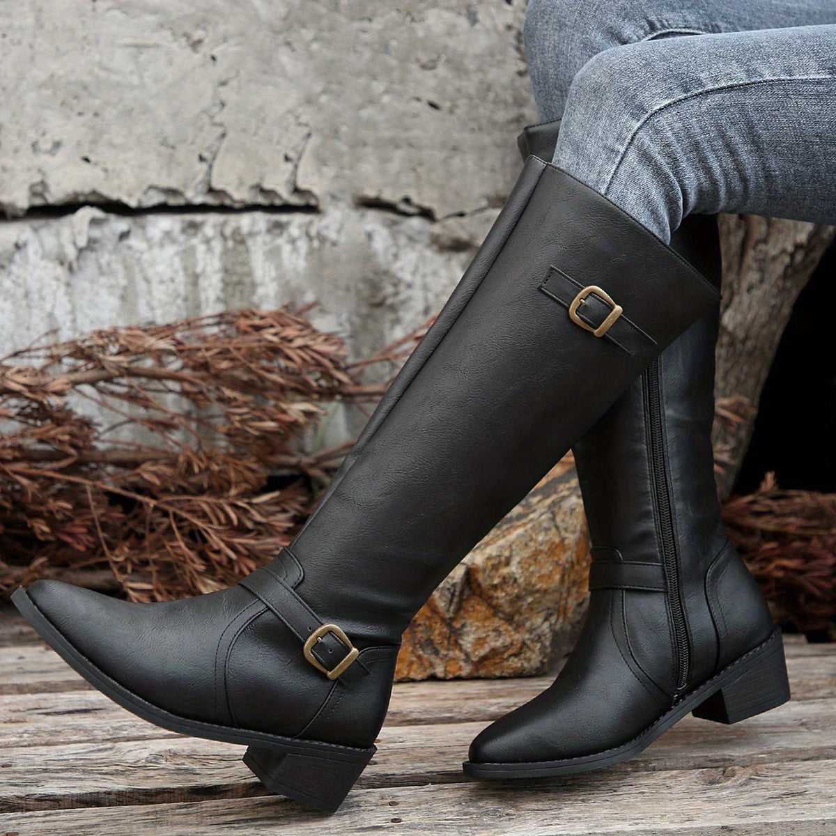Women's Flat Knee-High Riding Boots with Side Zip in Black