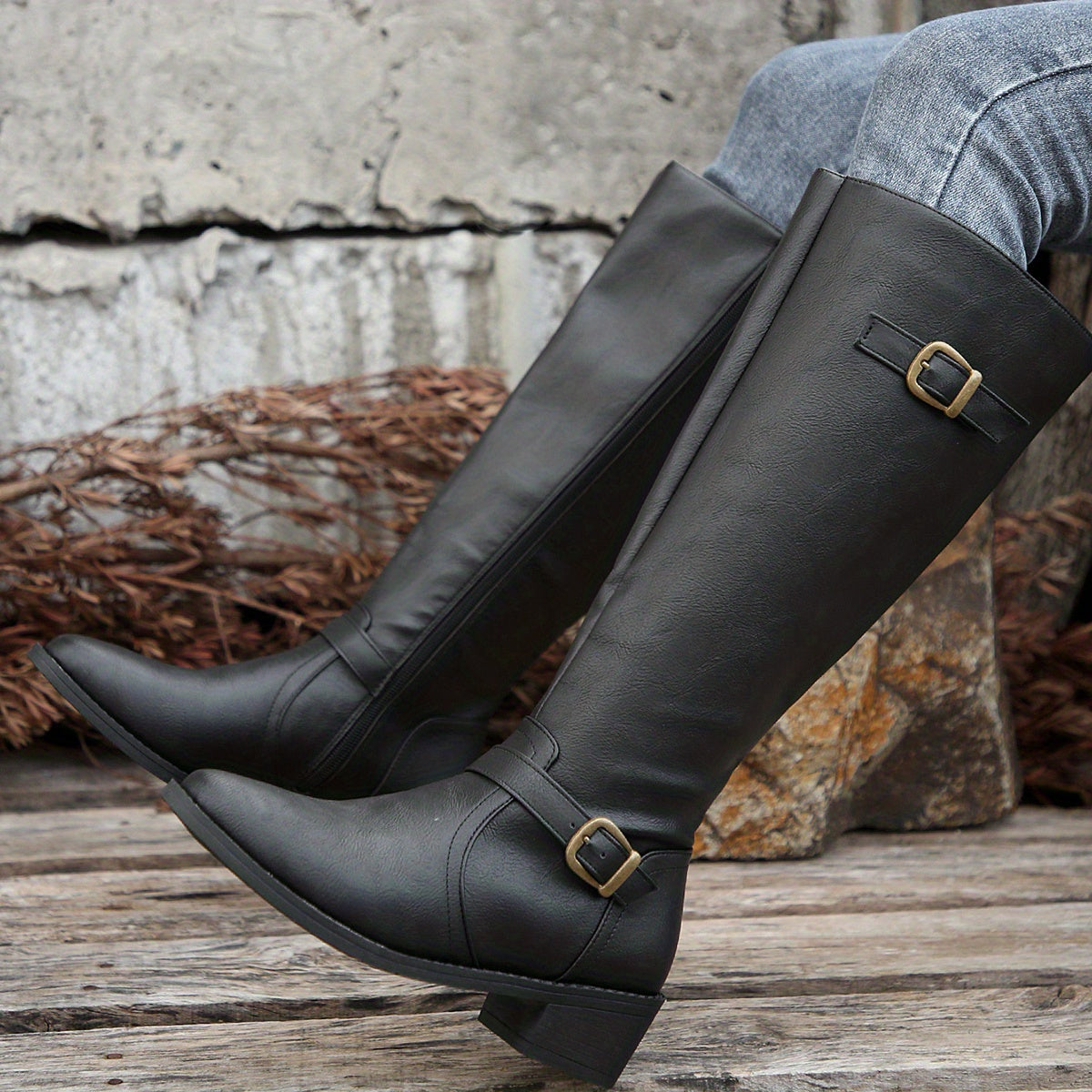 Women's Flat Knee-High Riding Boots with Side Zip, view 6