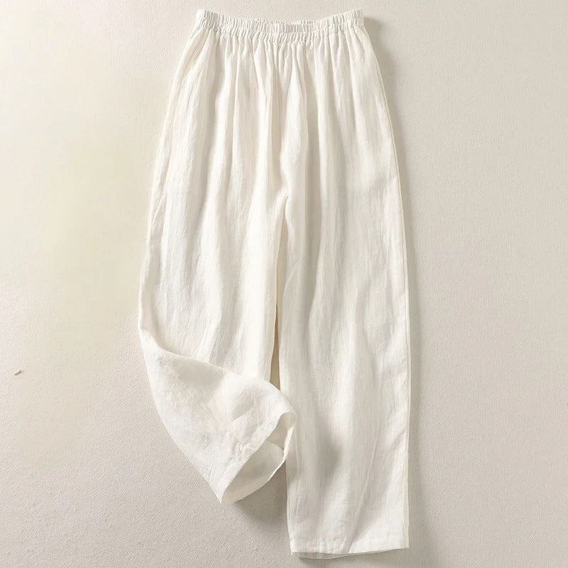 Women's Flowy Cotton-Linen Relaxed Pants in White