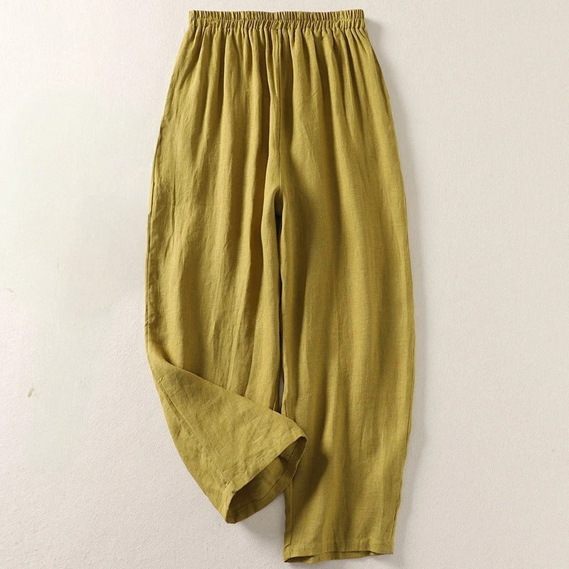 Women's Flowy Cotton-Linen Relaxed Pants in Olive