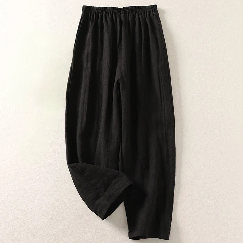 Women's Flowy Cotton-Linen Relaxed Pants in Black