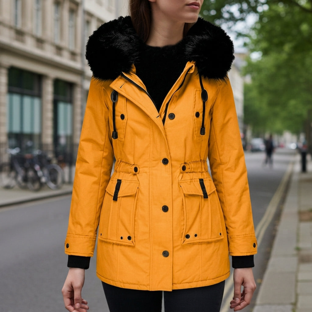 Women's Hooded Parka Jacket with Flap Pockets and Full Zip in Orange