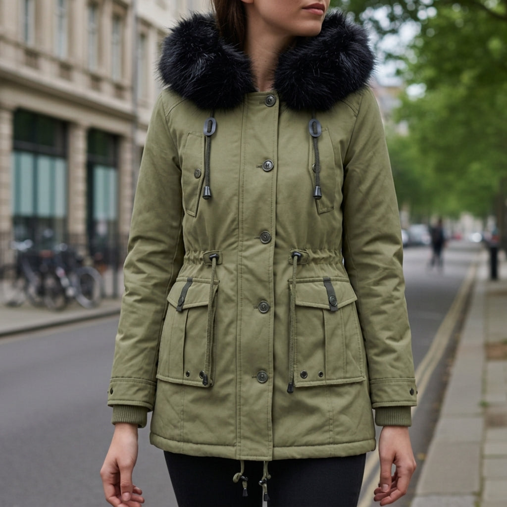 Women's Hooded Parka Jacket with Flap Pockets and Full Zip in Green