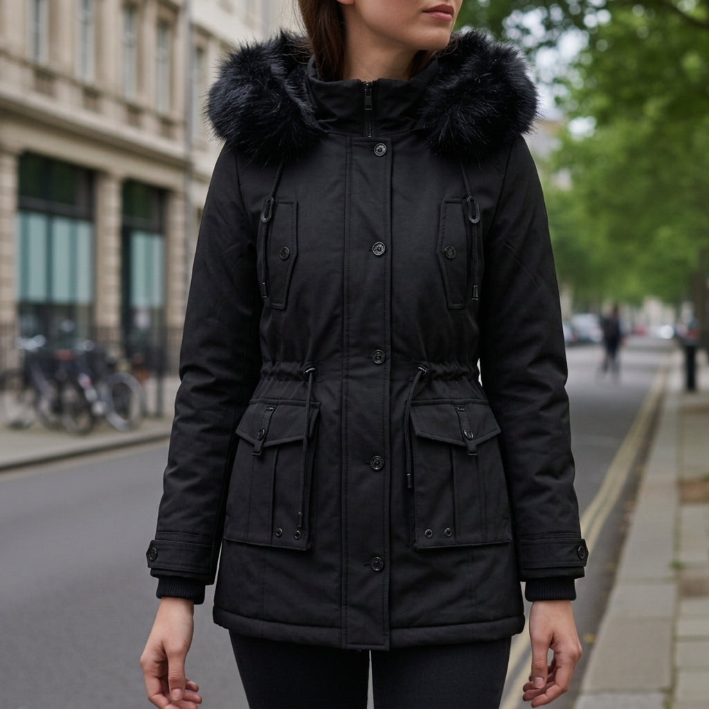 Women's Hooded Parka Jacket with Flap Pockets and Full Zip in Black