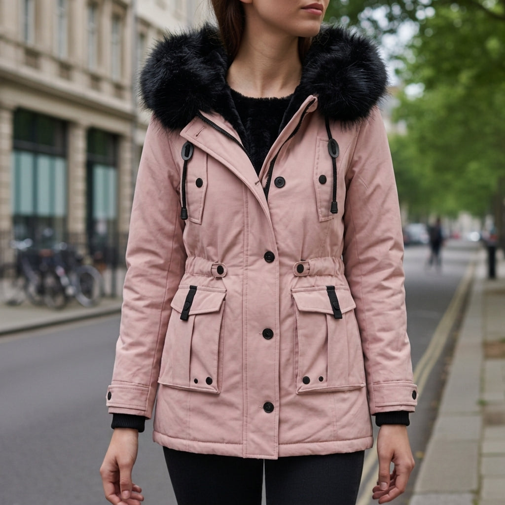 Women's Hooded Parka Jacket with Flap Pockets and Full Zip in Pink