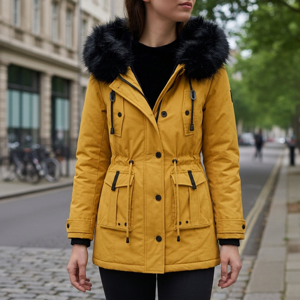 Women's Hooded Parka Jacket with Flap Pockets and Full Zip in Yellow