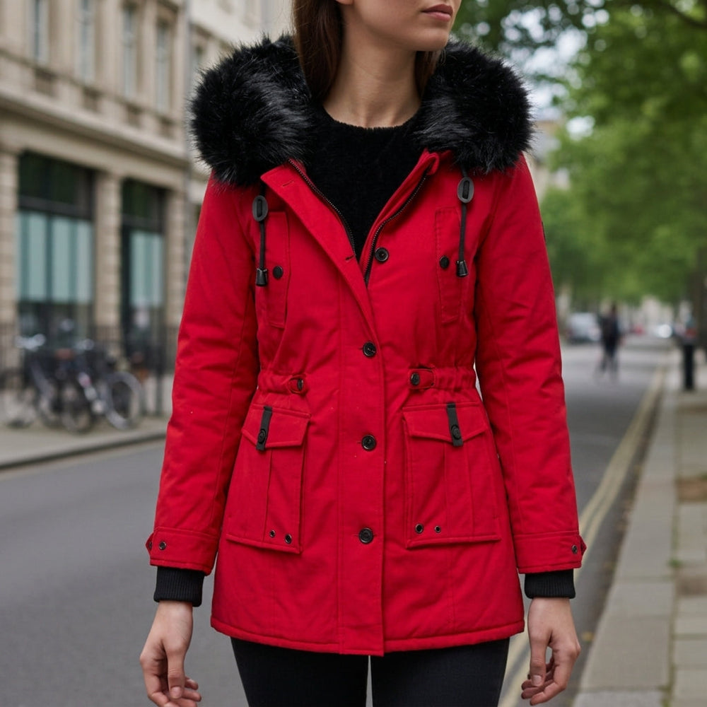 Women's Hooded Parka Jacket with Flap Pockets and Full Zip in Red