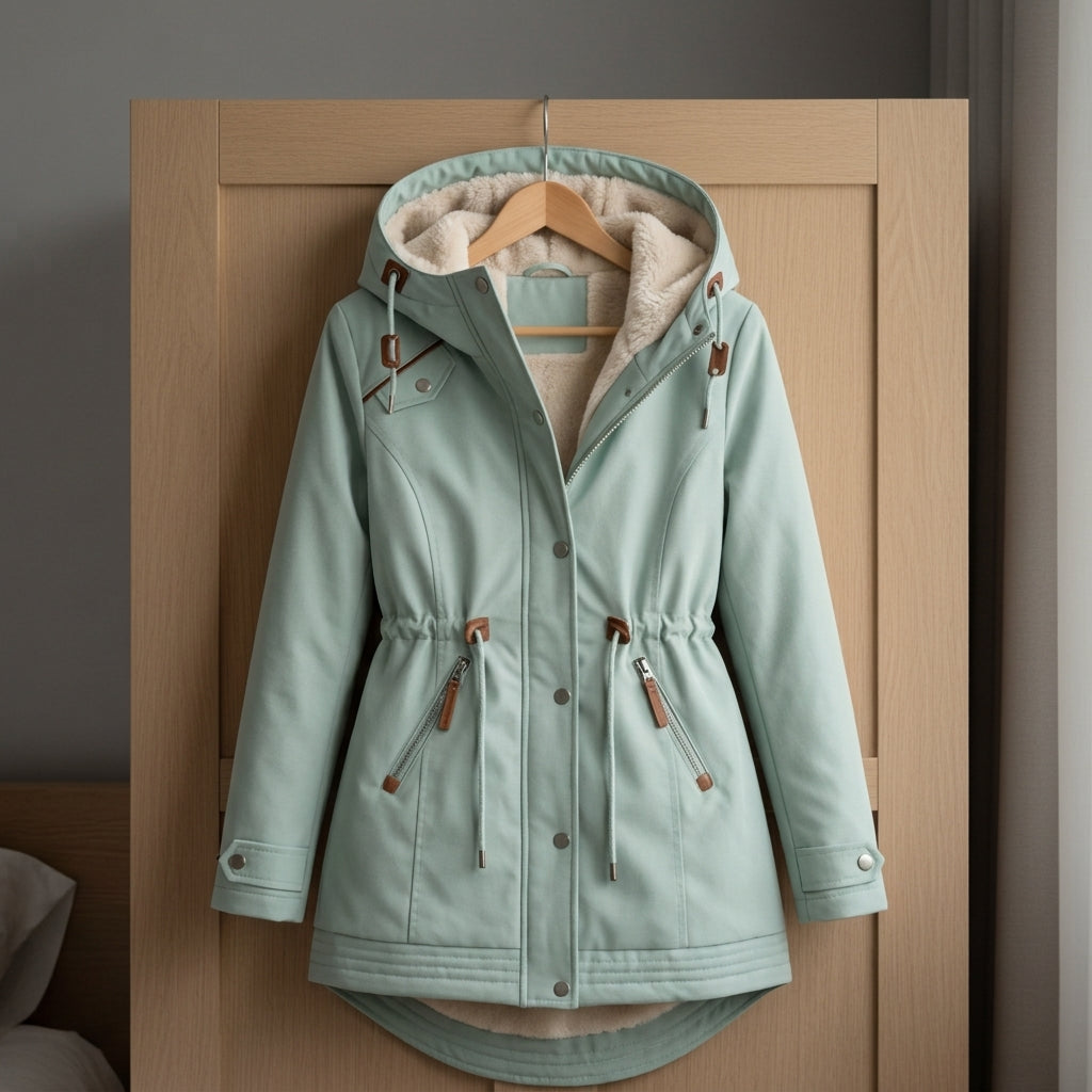 Women's Longline Parka with Drawstring Waist and Lined Hood in Green