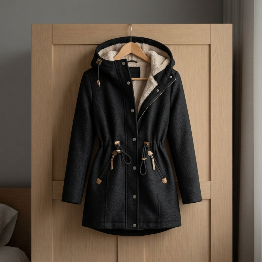 Women's Longline Parka with Drawstring Waist and Lined Hood in Black