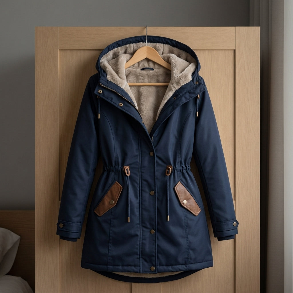 Women's Longline Parka with Drawstring Waist and Lined Hood in Blue