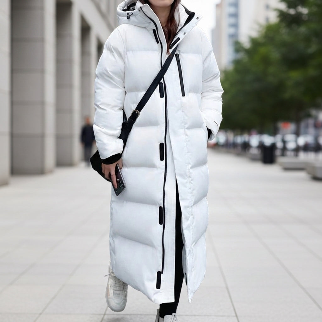 Women's Long Waterproof Hooded Puffer Parka with Two Pockets in White