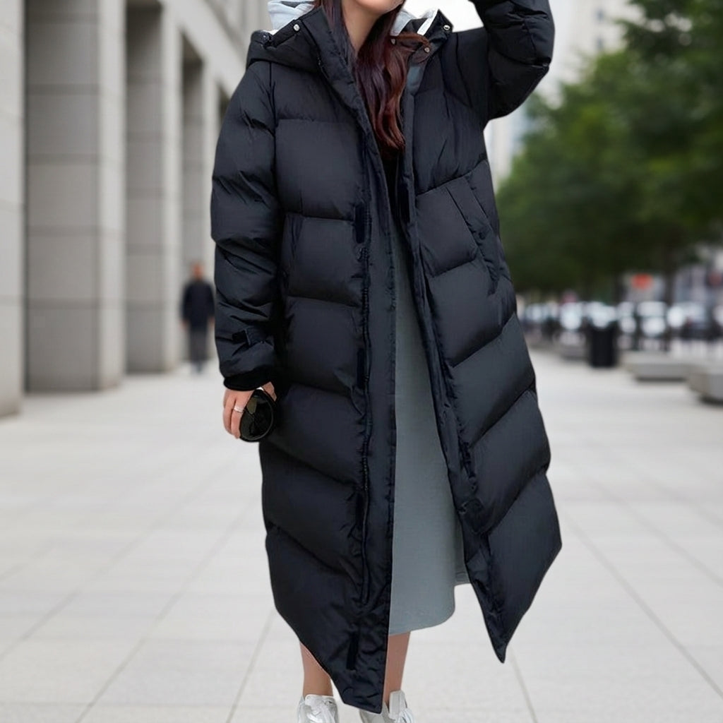 Women's Long Waterproof Hooded Puffer Parka with Two Pockets in Black