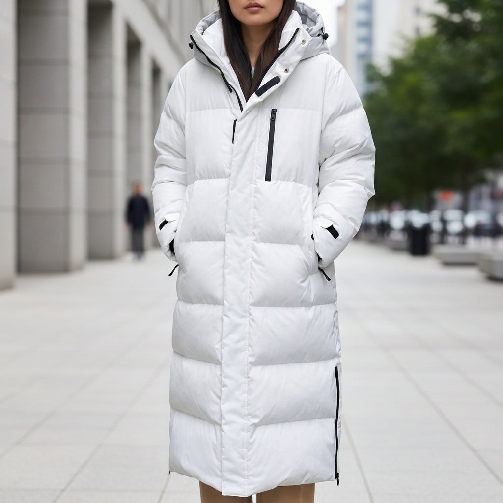 Women's Long Waterproof Hooded Puffer Parka with Two Pockets, view 3
