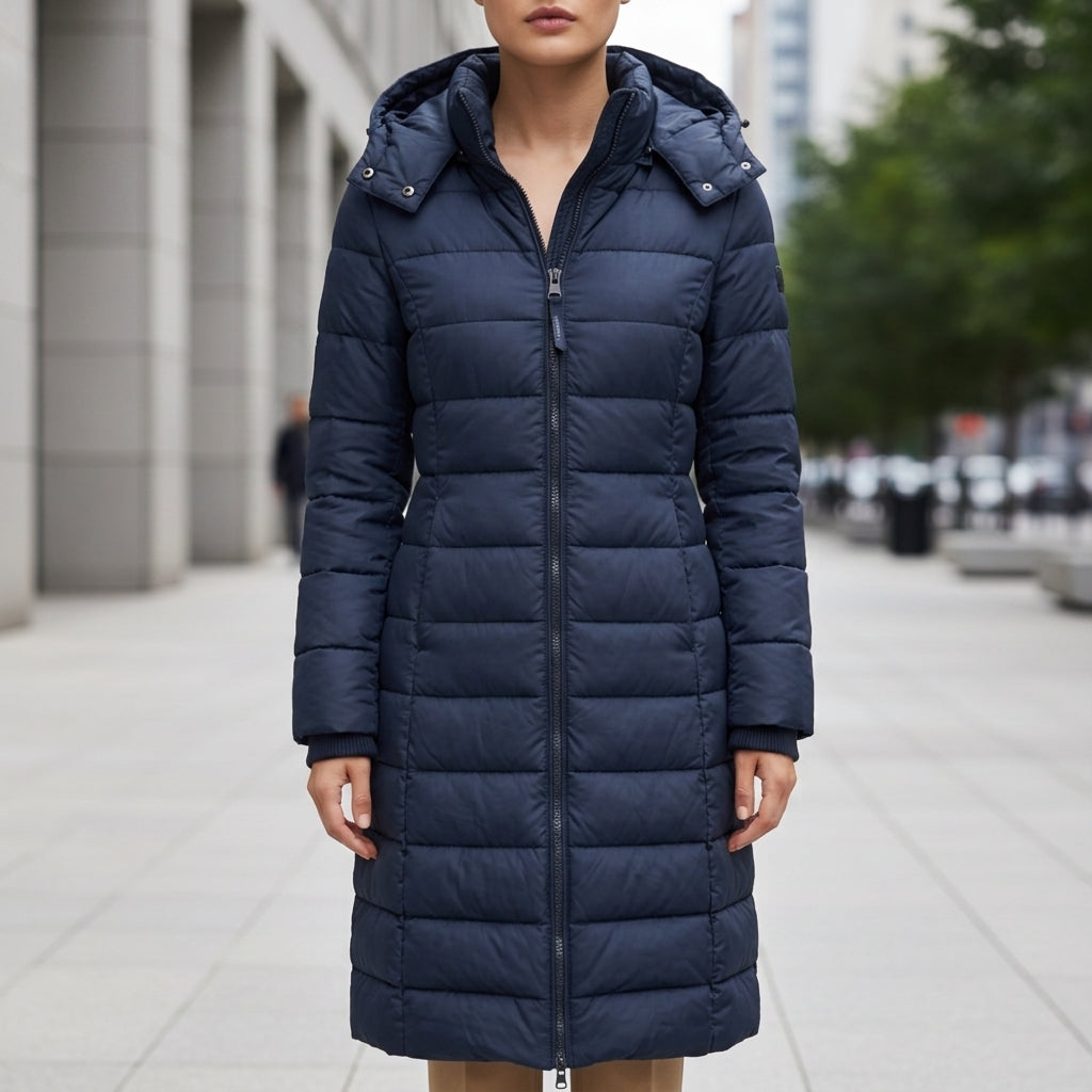 Women's Long Down Puffer Coat with Water-Resistant Shell and Hood in Navy