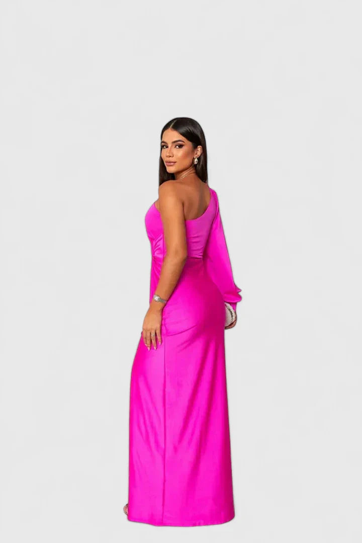 Women's One-Shoulder Maxi Gown with Open Sleeve and Slit in Purple