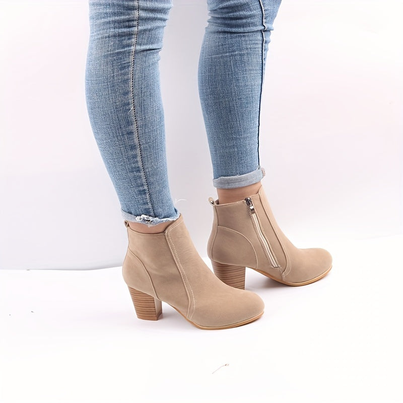 Women's Suede-Look Stacked Block Heel Side-Zip Ankle Boots, view 6
