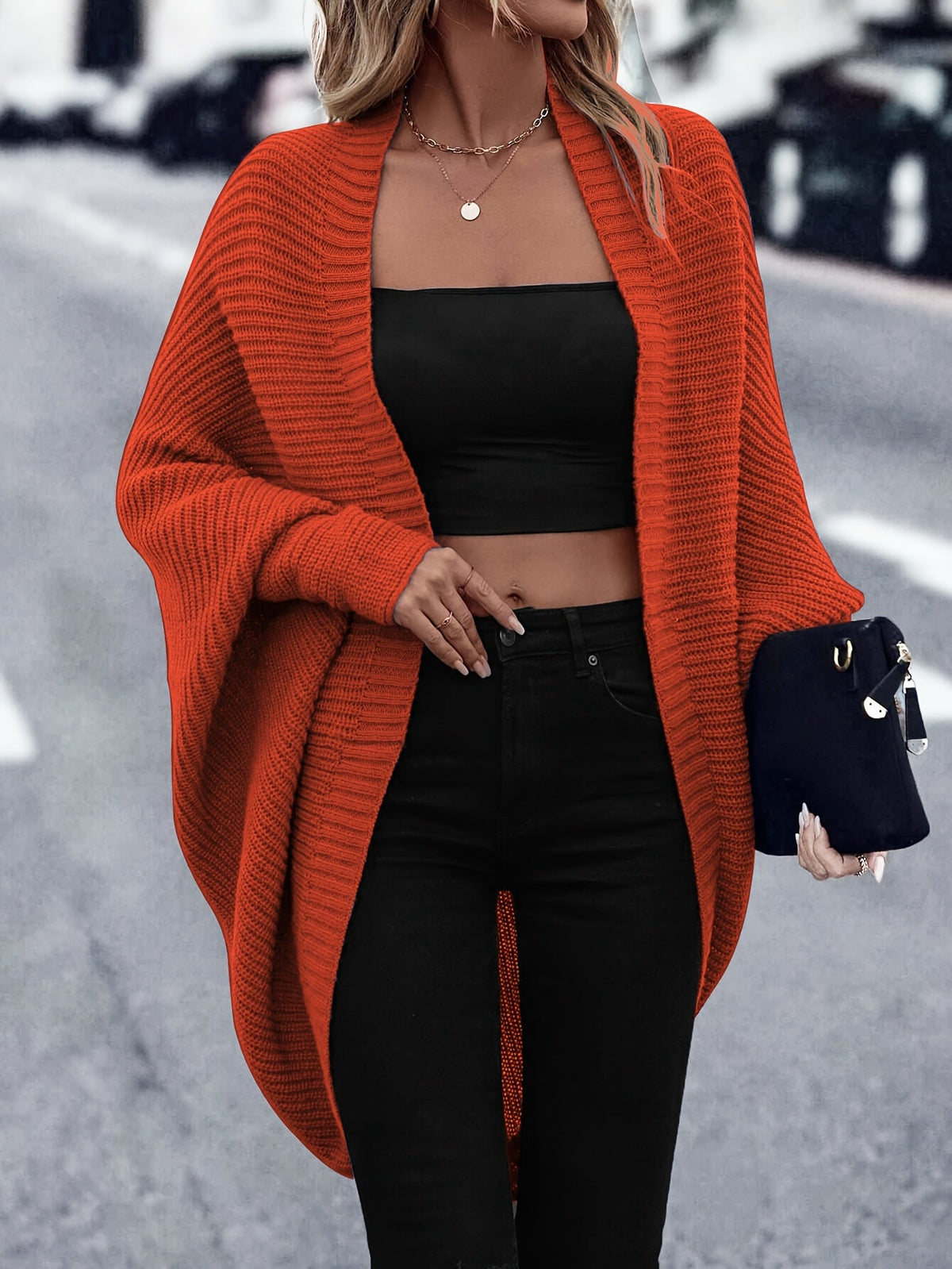 Women's Mid-Length Solid Knit Cardigan in Orange