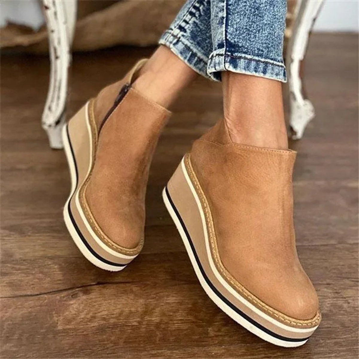 Women's Wedge Platform Zip-Up Ankle Boots with Rounded Toe in Beige