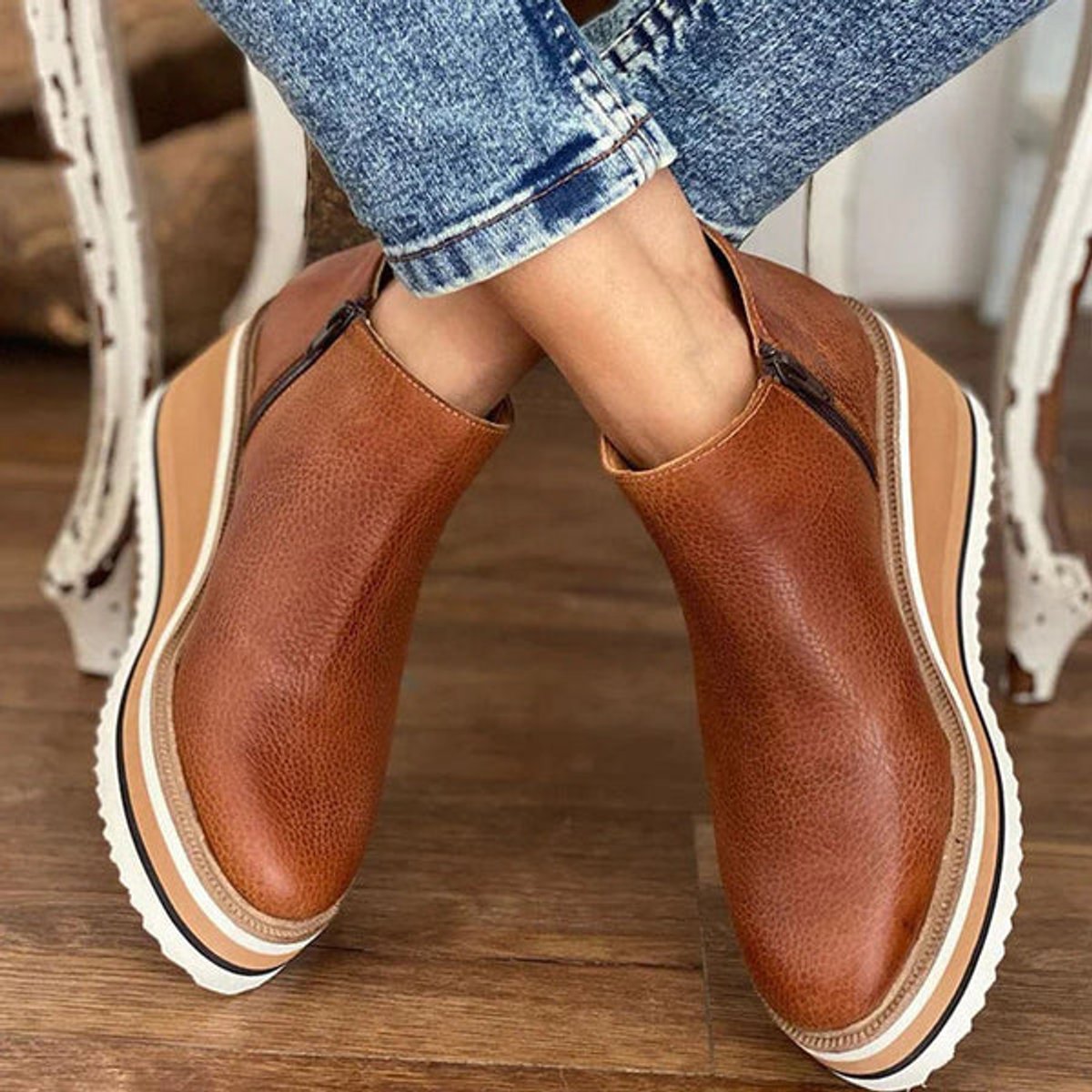 Women's Wedge Platform Zip-Up Ankle Boots with Rounded Toe in Dark Brown