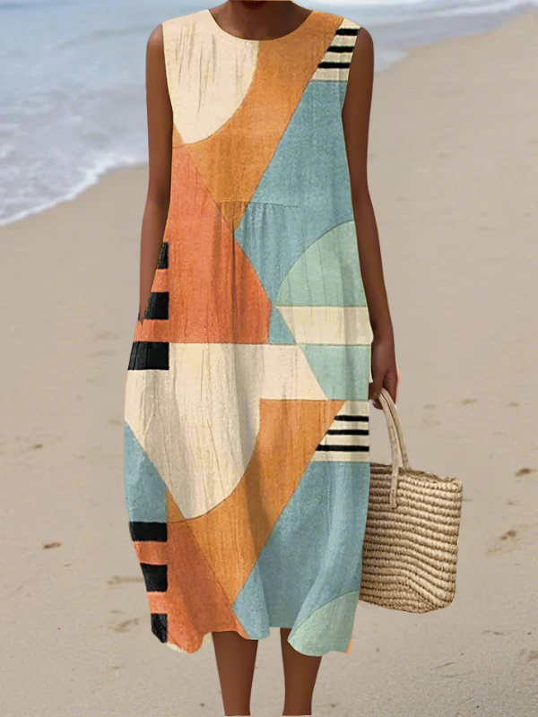 Women's Sleeveless Geometric Print Midi Dress in Multicolor