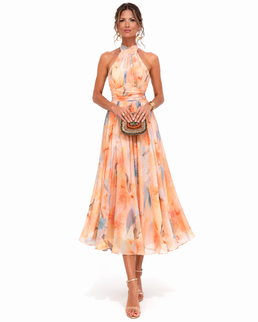 Women's Watercolor Print Halter Neck Maxi Dress