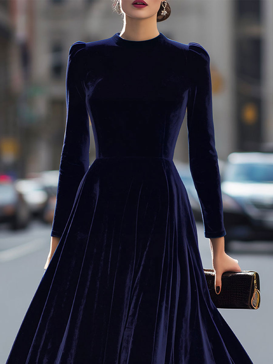 Women's Navy Blue Velvet Long Sleeve Midi Dress, view 2