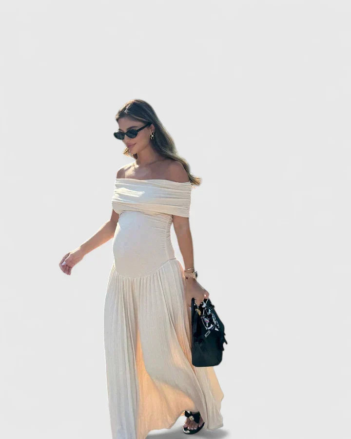 Women's White Off-Shoulder Pleated Maxi Dress, view 2