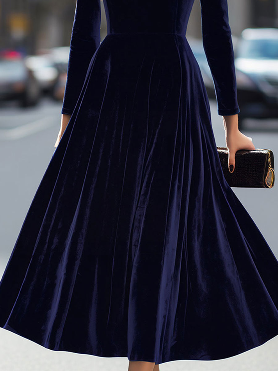 Women's Navy Blue Velvet Long Sleeve Midi Dress, view 3