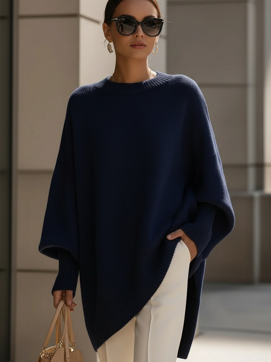 Women's Oversized Drop-Shoulder Sweater with Asymmetric Hem in Navy Blue