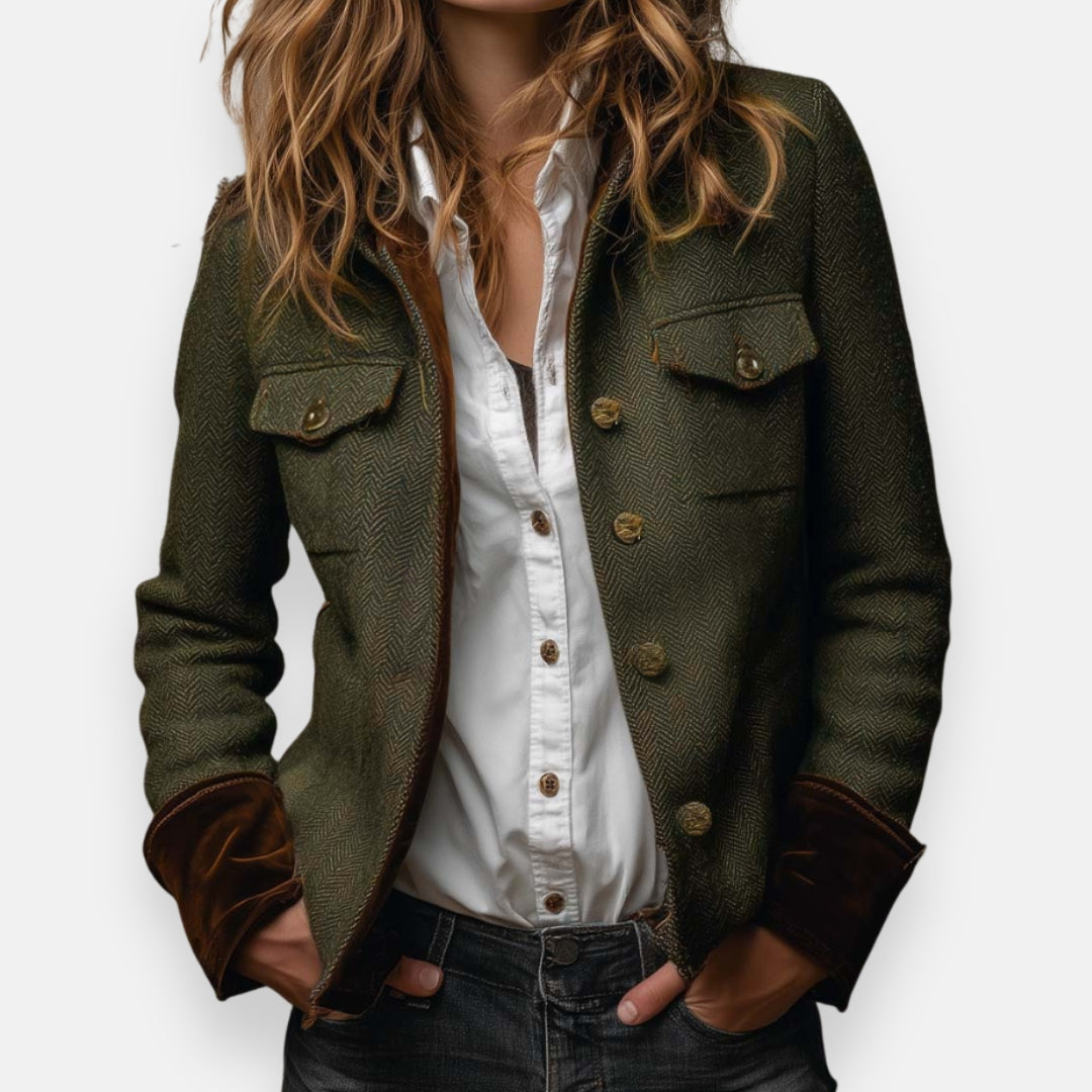 Women's Dark Olive Green Herringbone Tweed Jacket with Velvet Cuffs, view 2