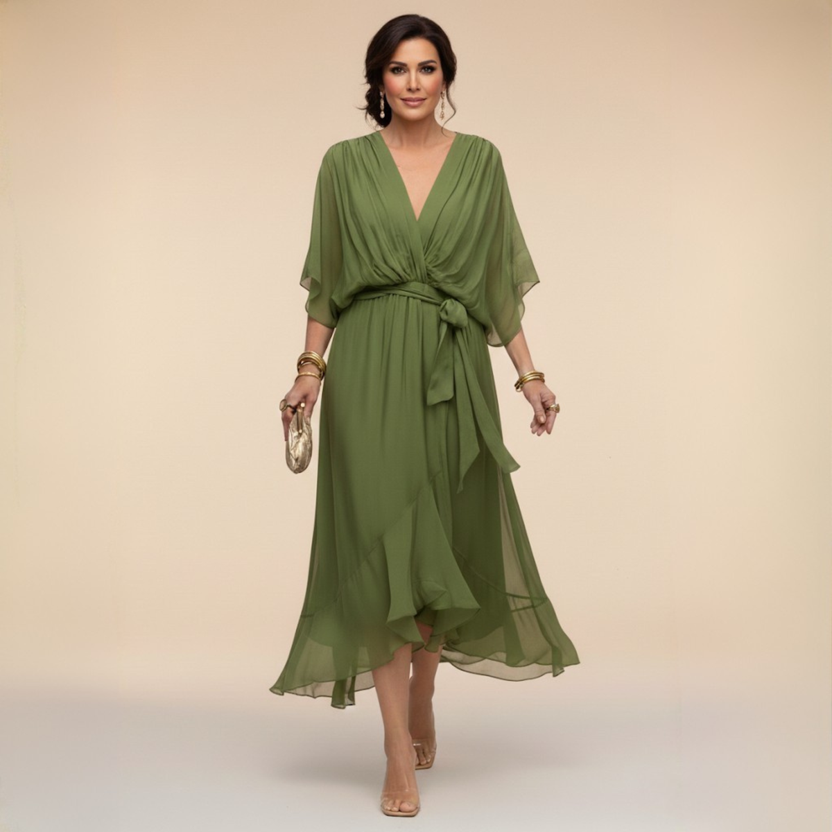 Women's Lightweight Chiffon V-Neck Midi Dress in Green