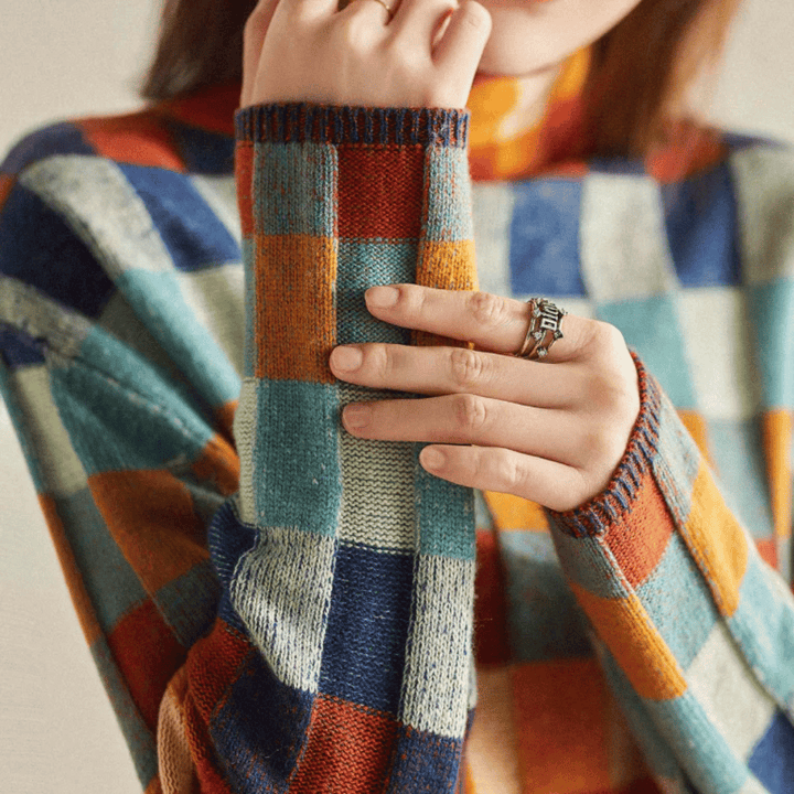Women's Cashmere Sweater, Patchwork Turtleneck Knit Pullover