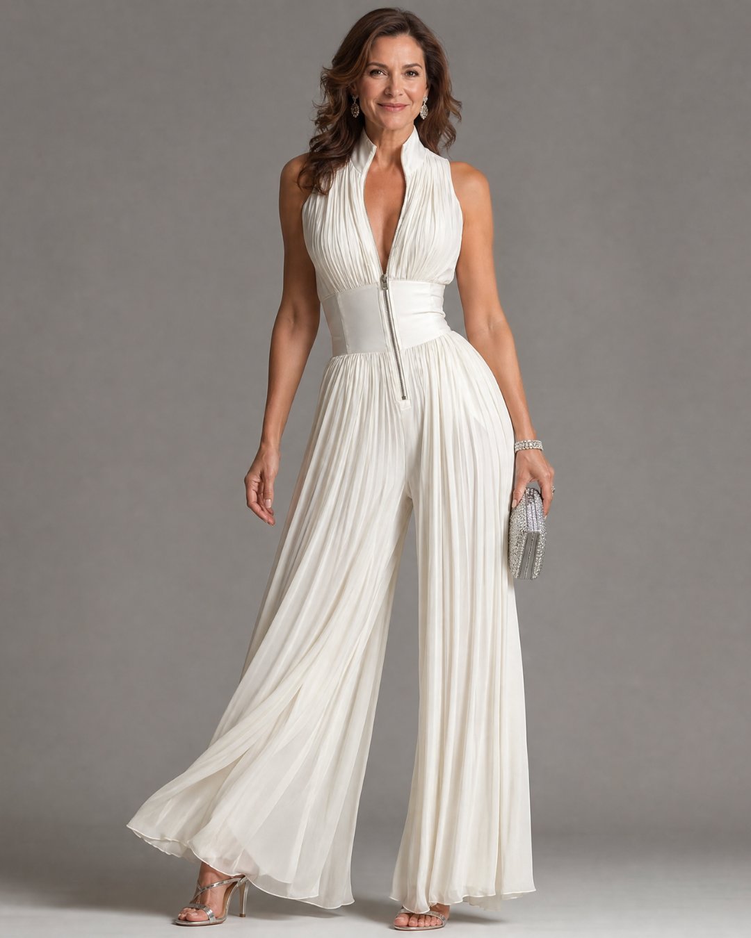 Women's Pleated Halter Neck Wide-Leg Jumpsuit in White