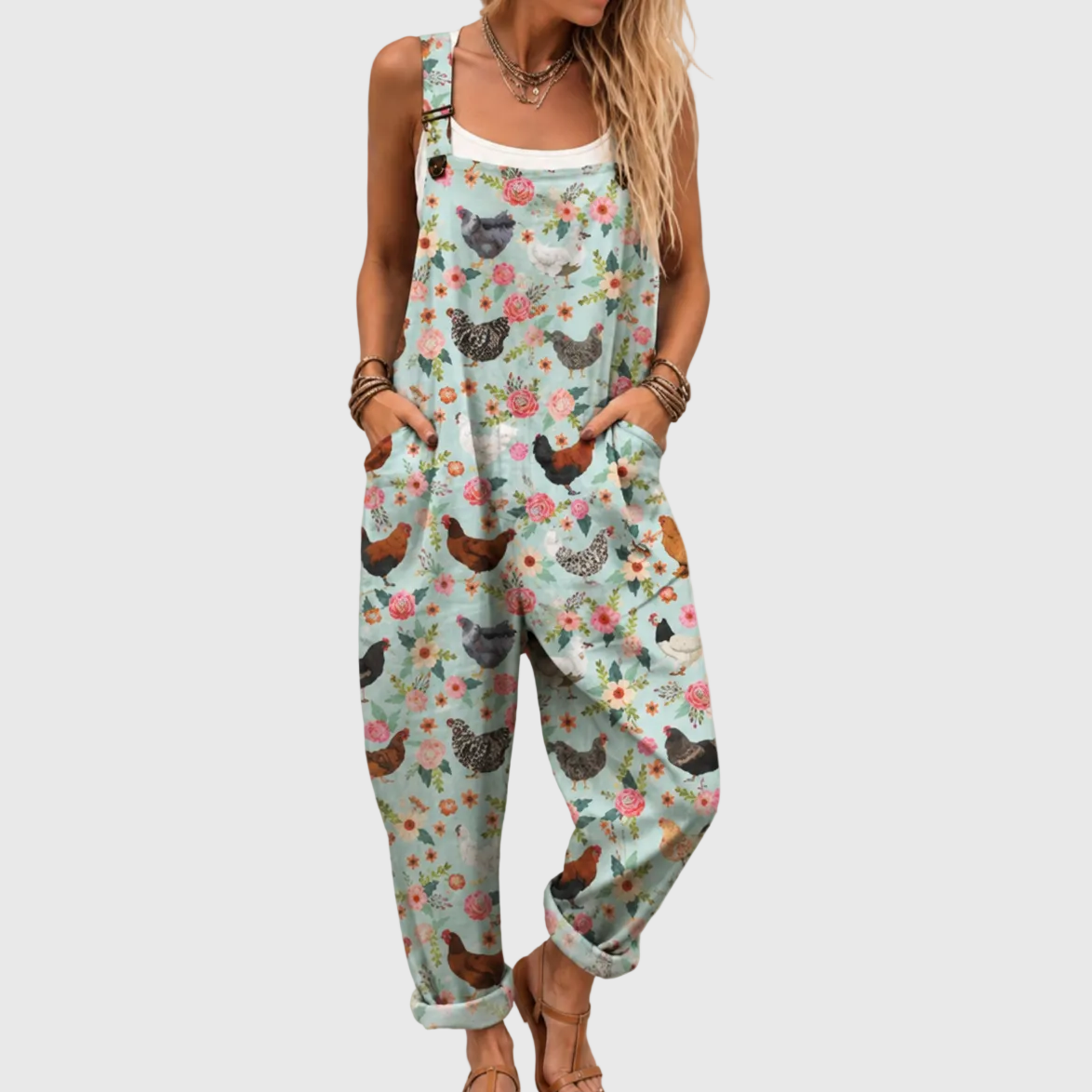 Women's Floral Chicken Print Jumpsuit with Side Pockets