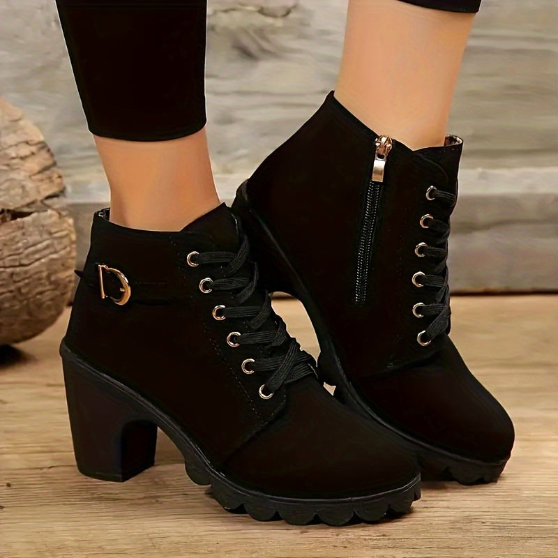 Women's Lug Sole Lace-Up Block Heel Ankle Boots with Side Zip, view 2