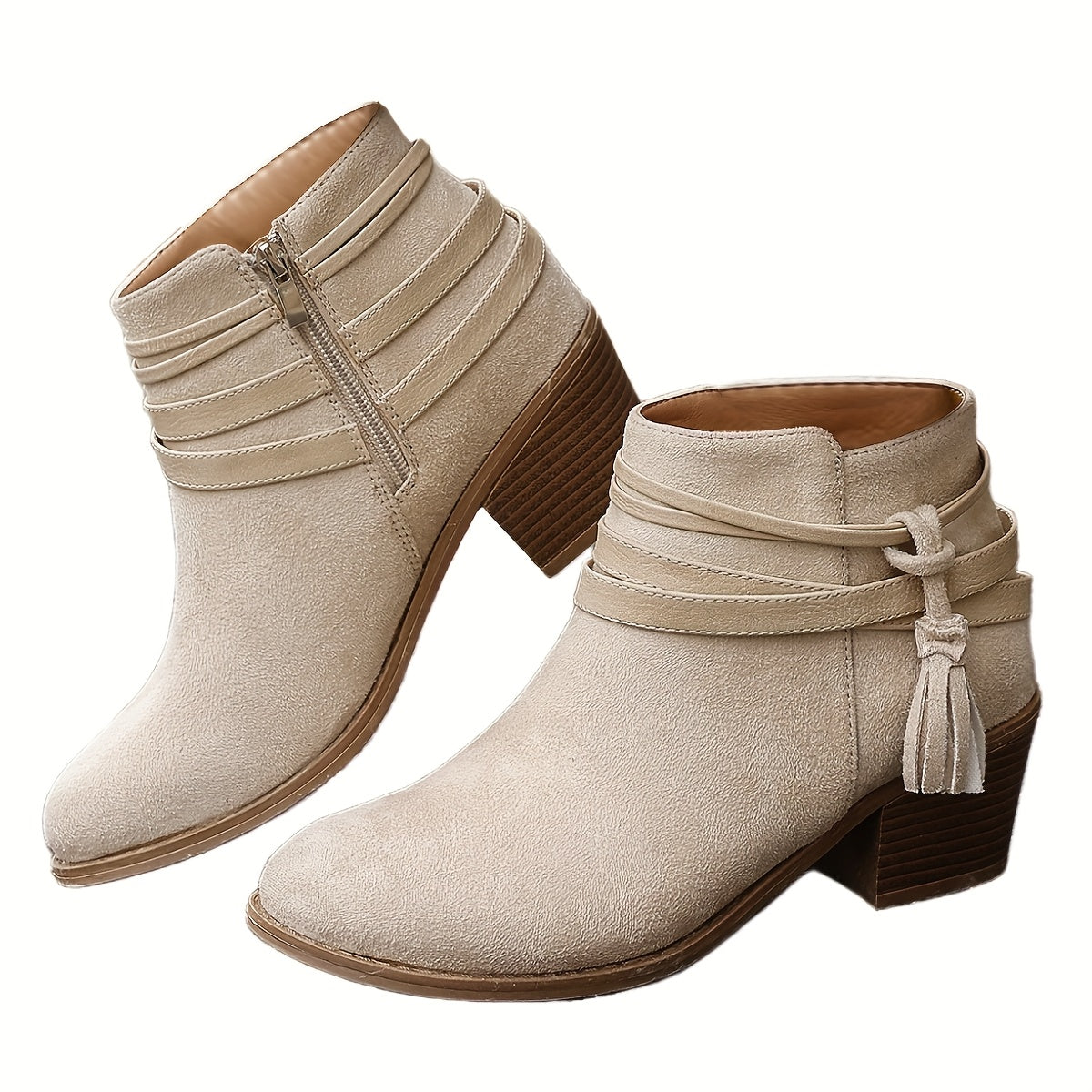 Women's Pointed Toe Tassel Wrap Ankle Boots with Block Heel in Beige