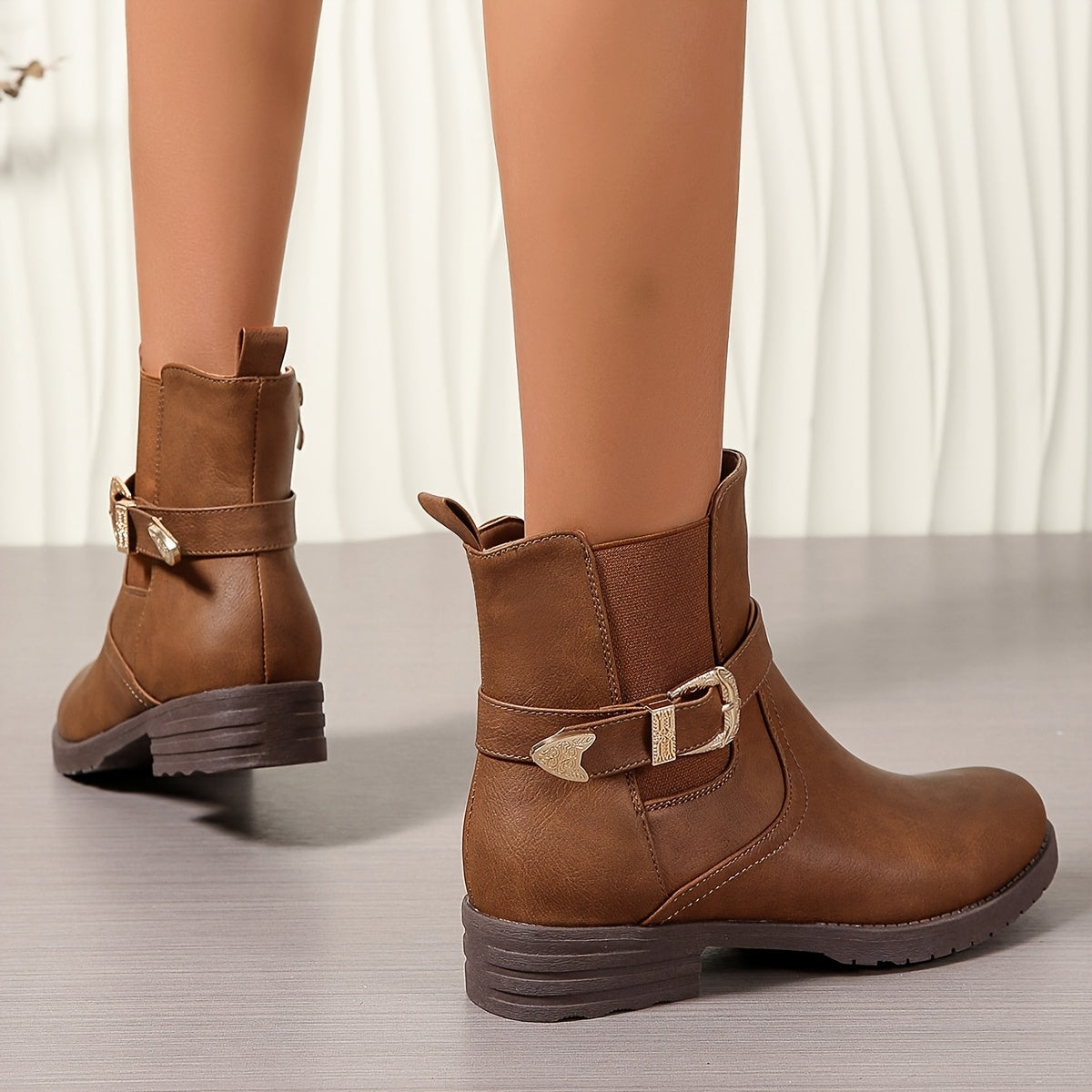 Women's Western Buckle Ankle Boots with Back Zip and Block Heel