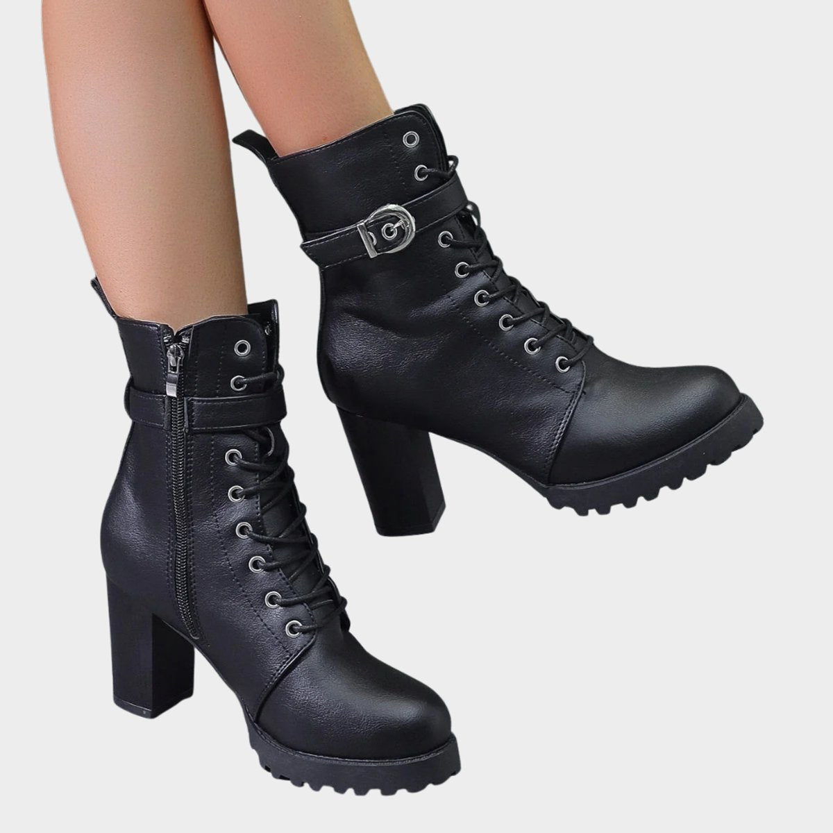 Women's Lug Sole Combat Ankle Boots with Metal Eyelets and Side Buckle, view 2