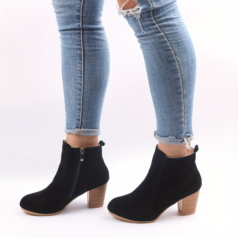 Women's Suede-Look Stacked Block Heel Side-Zip Ankle Boots, view 3