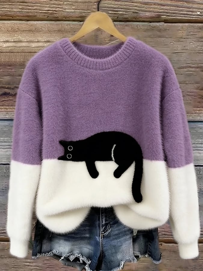 Women's Cotton-Blend Cat Graphic Pullover Sweater in Purple