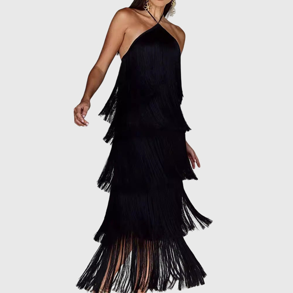 Women's Halter Tassel Party Dress with Open Back, view 3
