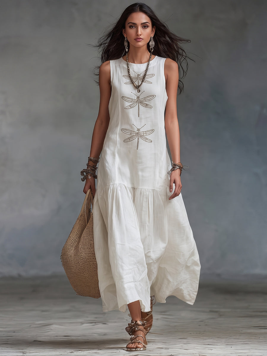Women's Sleeveless Cotton-Linen Maxi Dress with Dragonfly Embroidery, view 6