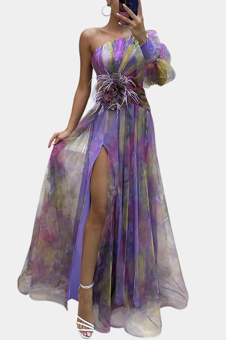 Women's One-Shoulder Maxi Gown with Draped Slit and Floral Applique in Purple