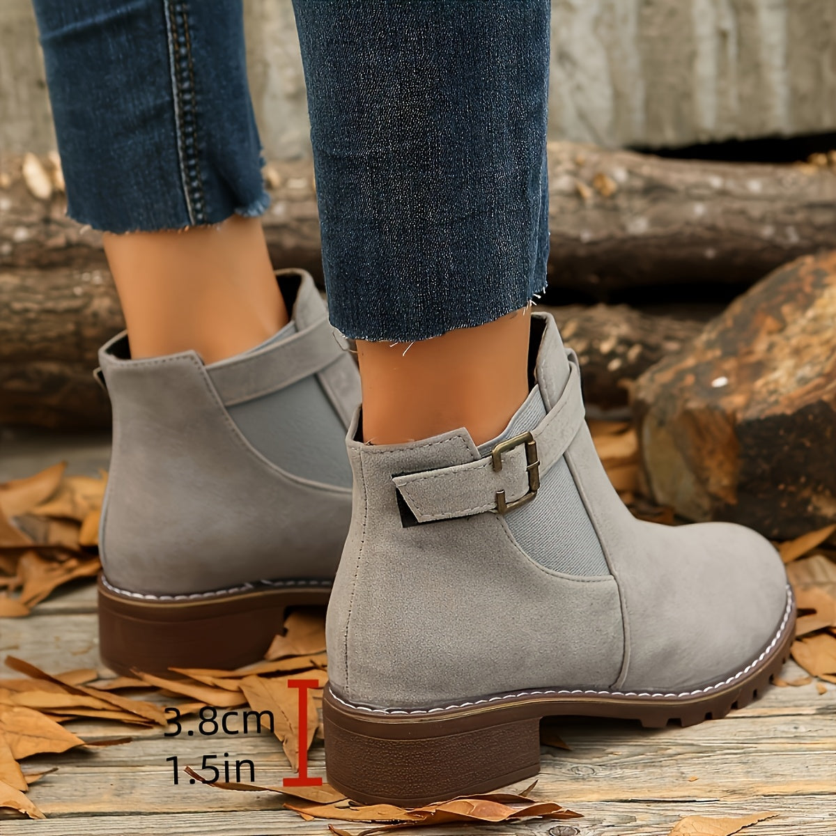 Women's Lug Sole Chelsea Ankle Boots with Buckle Strap in Silvery Gray